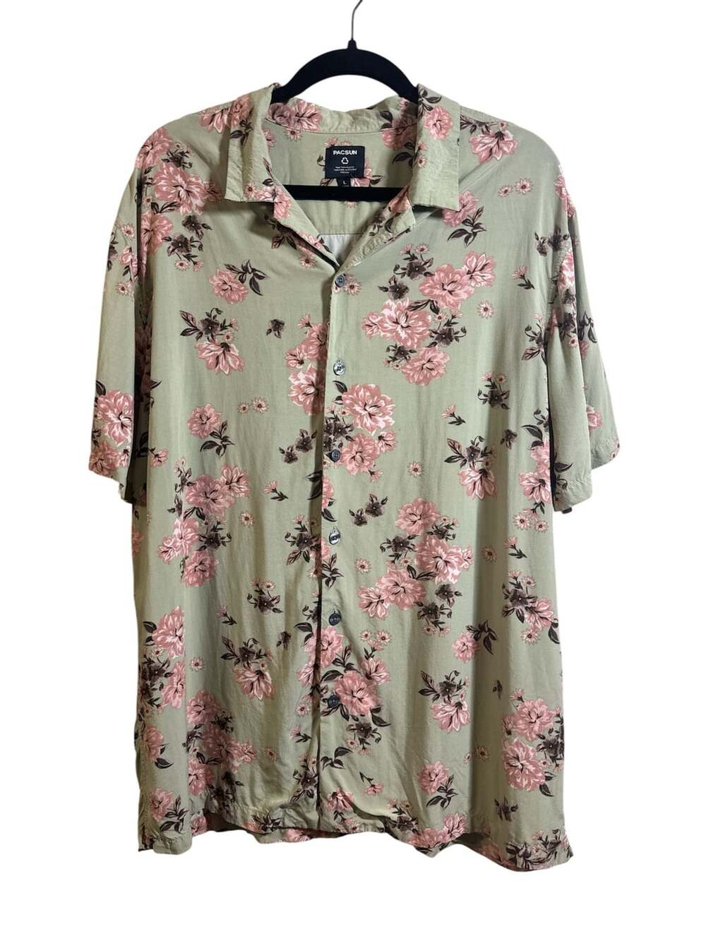 Pacsun Olive Green Pink Floral Button Up Short Sleeve Shirt Size Large L
